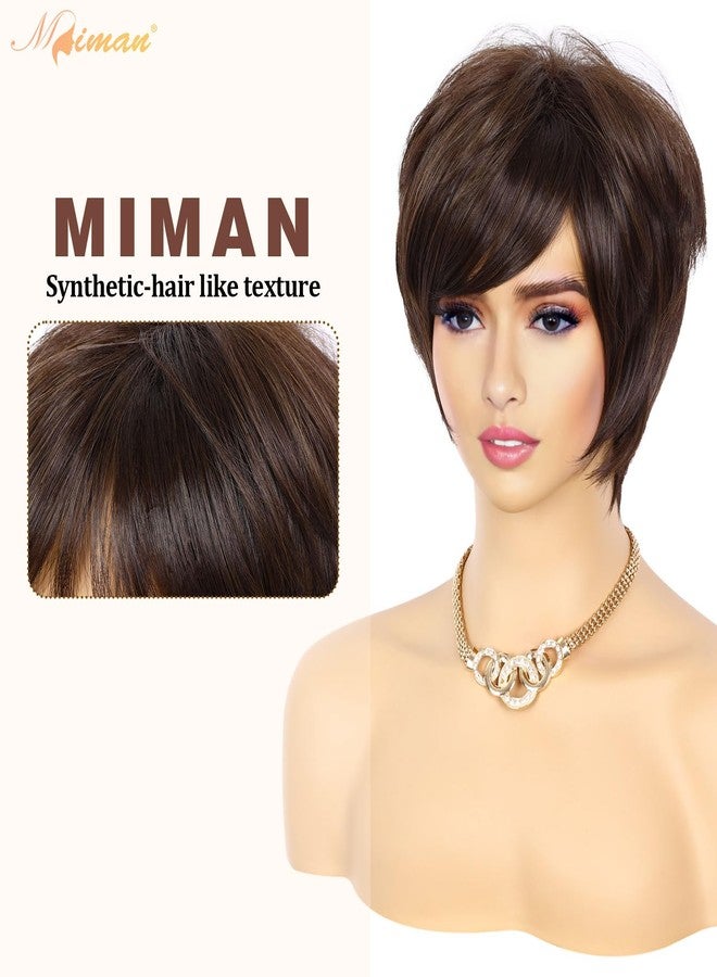 MIMAN Short Brown Pixie Cut Wigs with Bangs Synthetic Hair Wig for Women Party Halloween Costume Cosplay Wigs 4A Natural Layered Hair Wig - Image 5